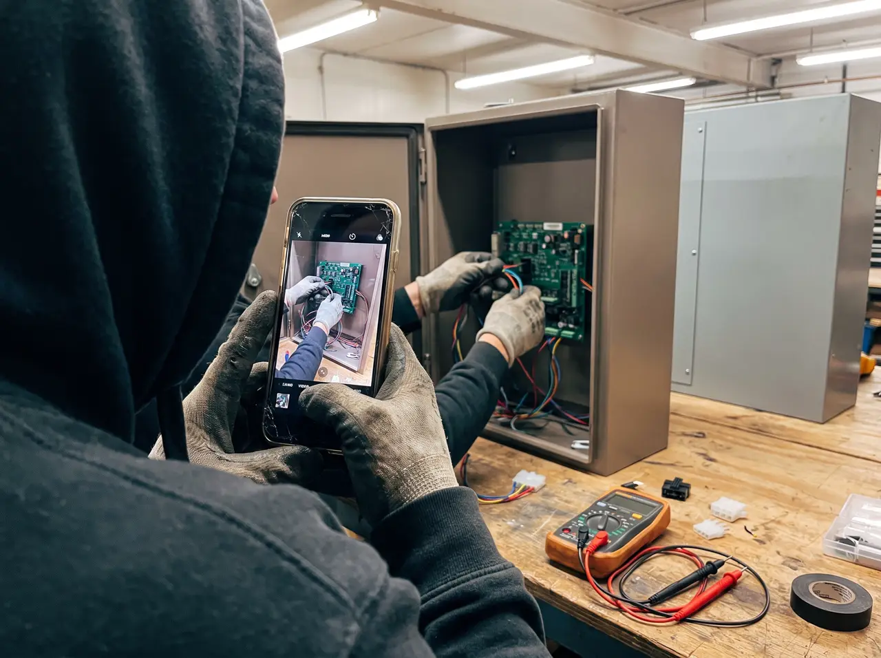 Technician wiring a chiller control board at the workshop bench