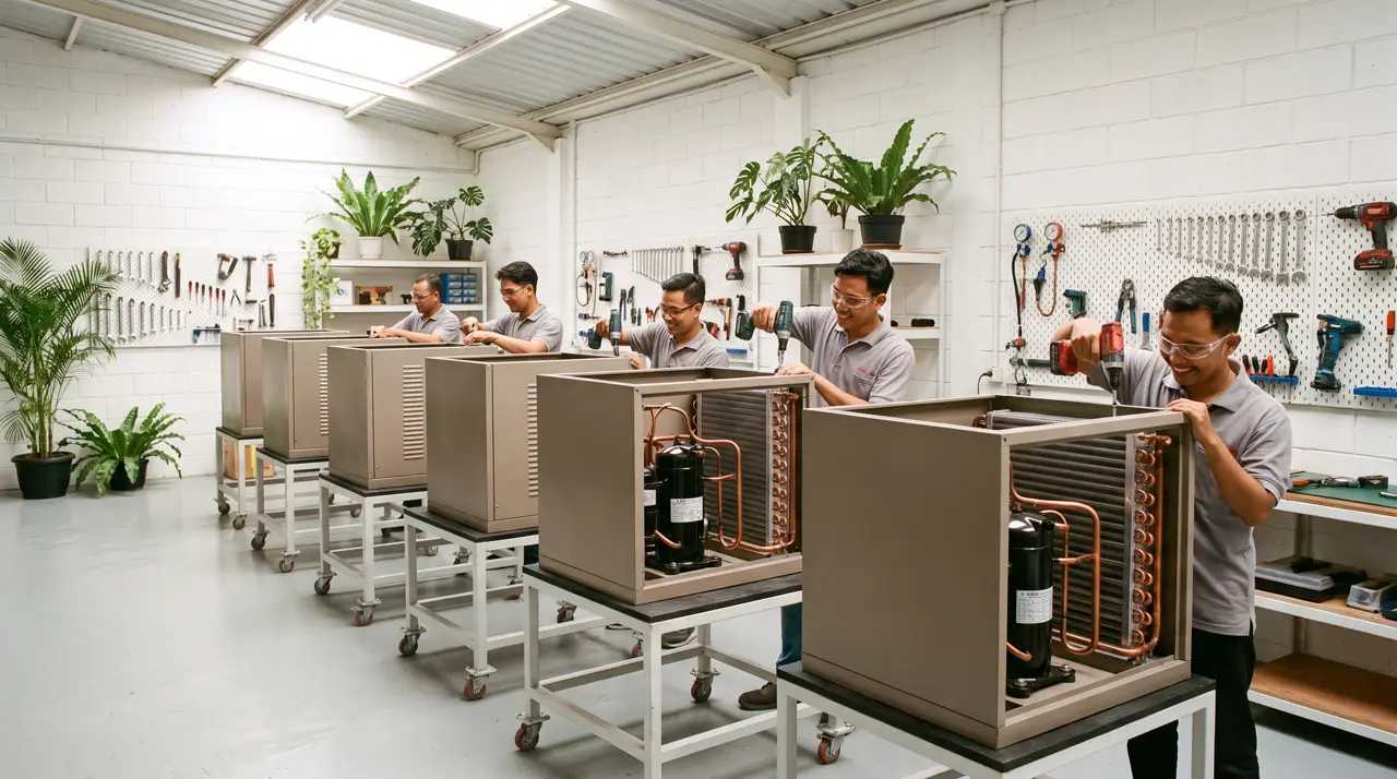 Our chiller assembly line in Indonesia with four technicians at work
