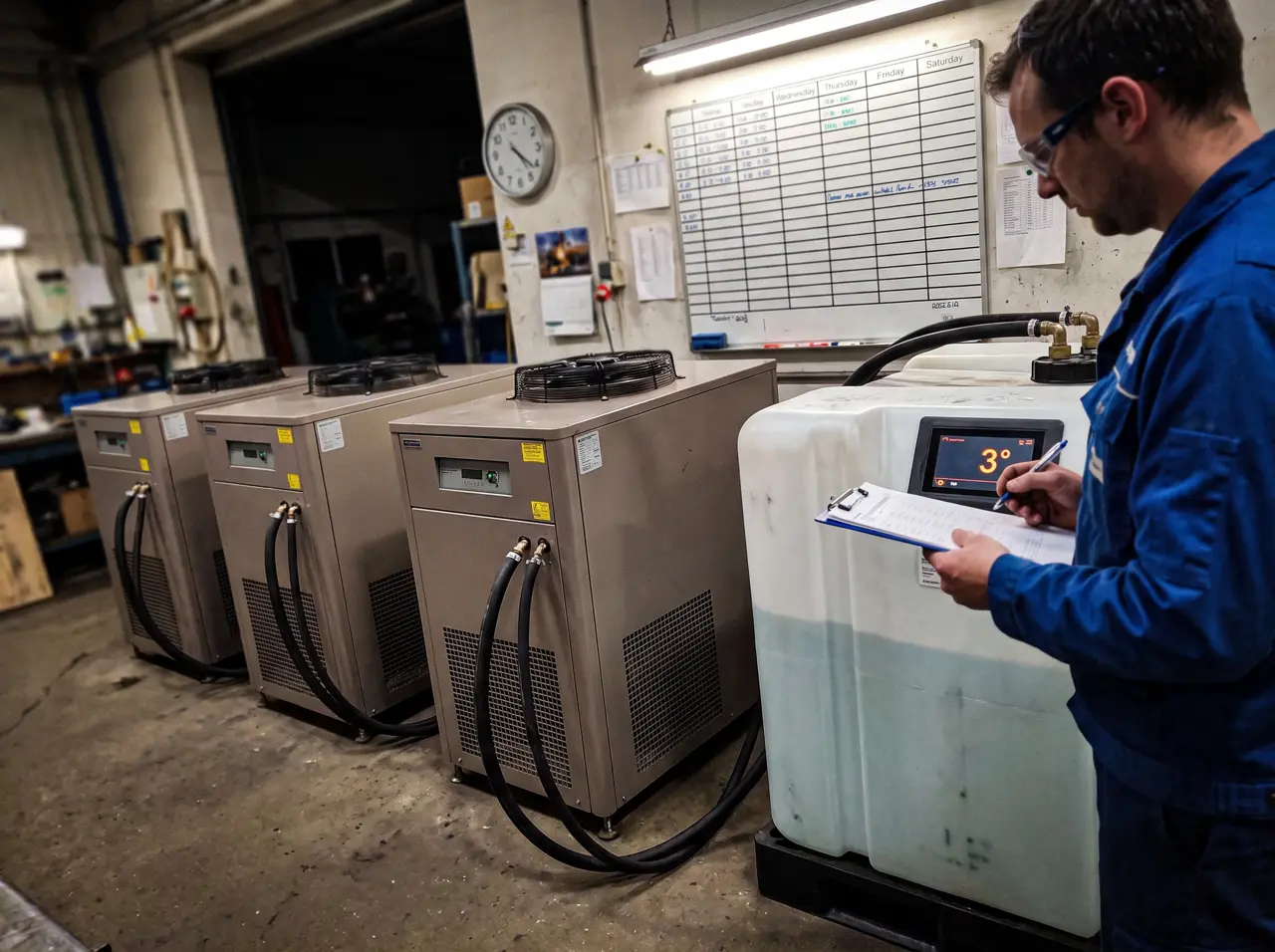 Finished chillers connected to a test tank for quality control
