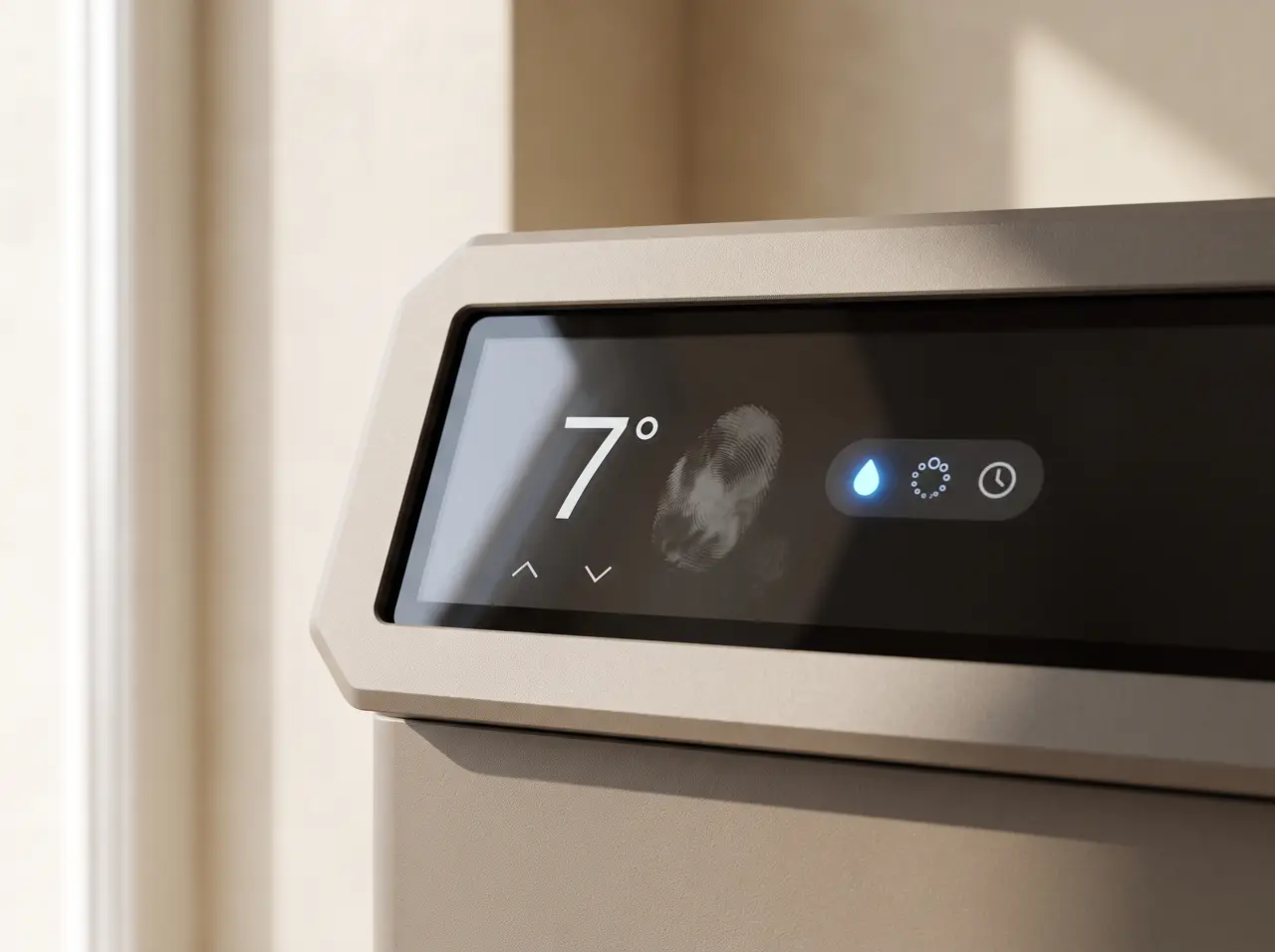 Chiller touchscreen showing 7 degrees with status icons