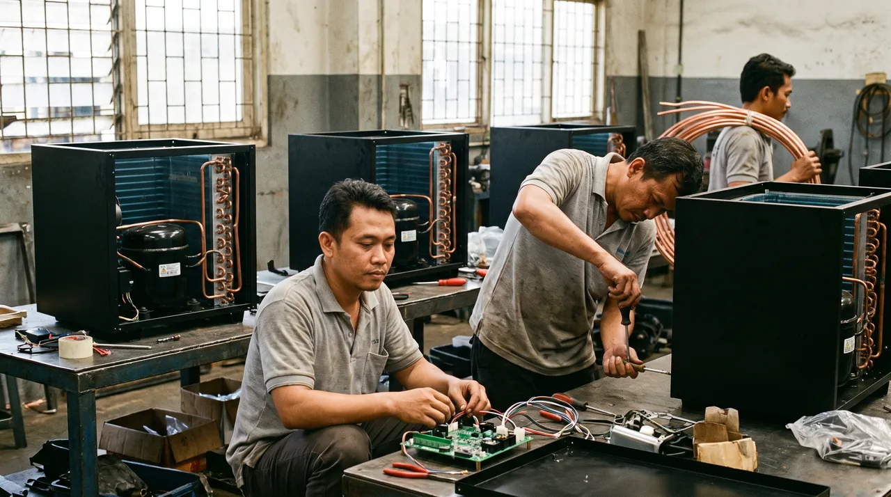 Technicians wiring and testing matte black chiller units at our workshop benches in Indonesia
