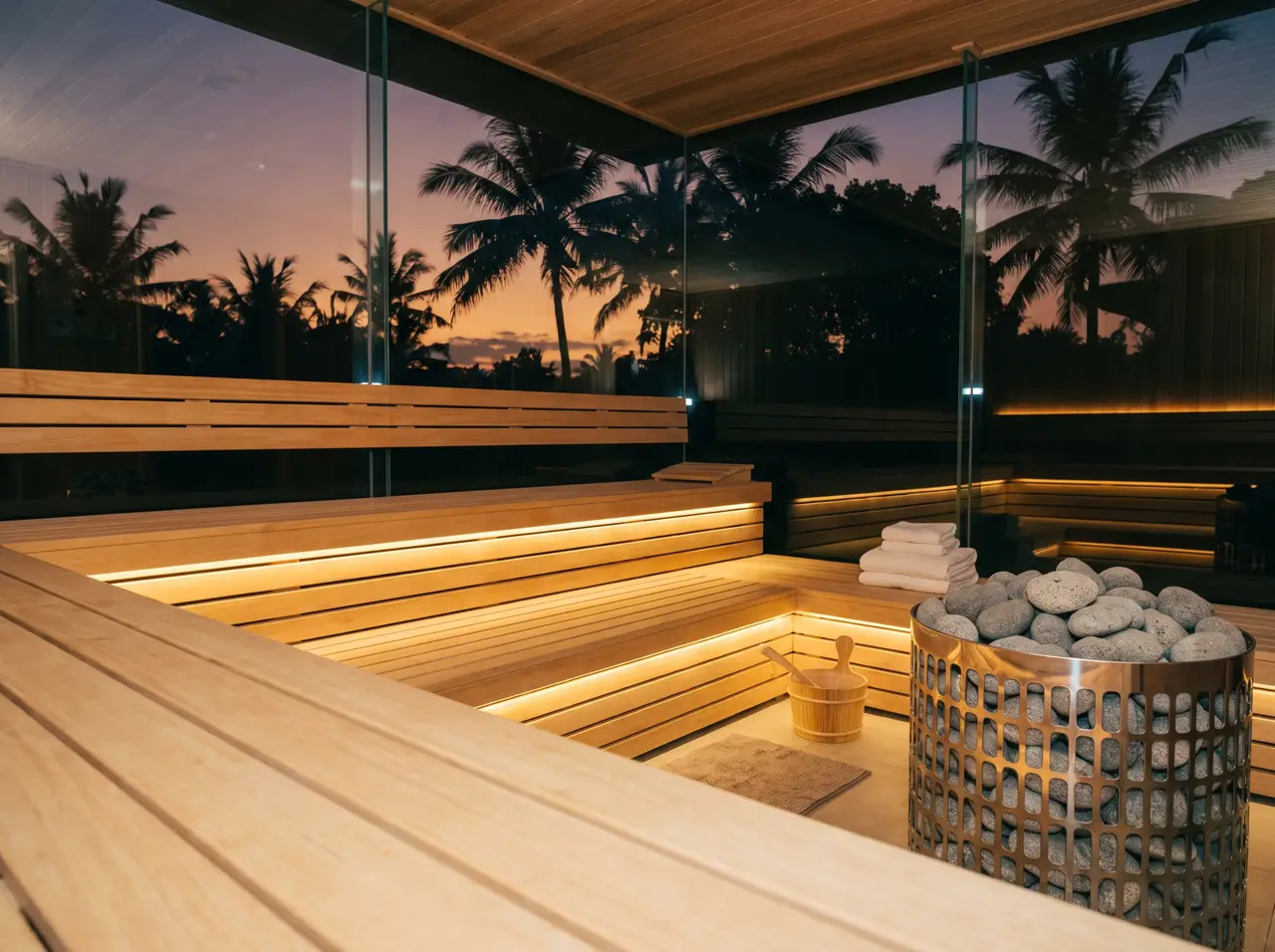 Commercial sauna interior with a panoramic glass corner, two bench tiers and a stone heater basket