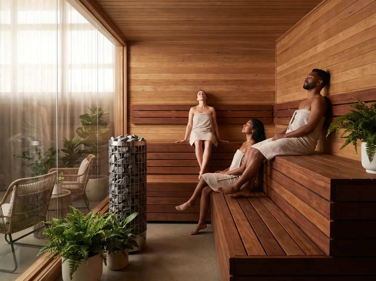 Large commercial sauna interior with two tiers of benches