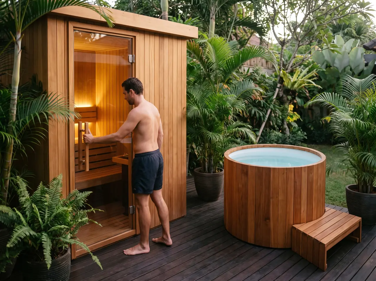 Matched red cedar sauna and cedar barrel tub set on a villa deck at dusk