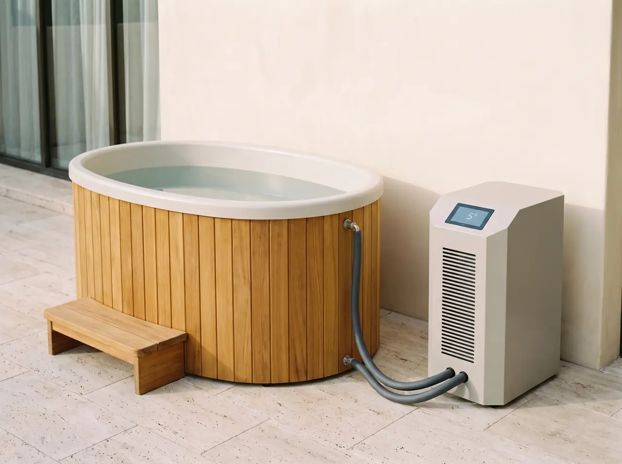 Oval teak ice bath on a travertine terrace with chiller beside