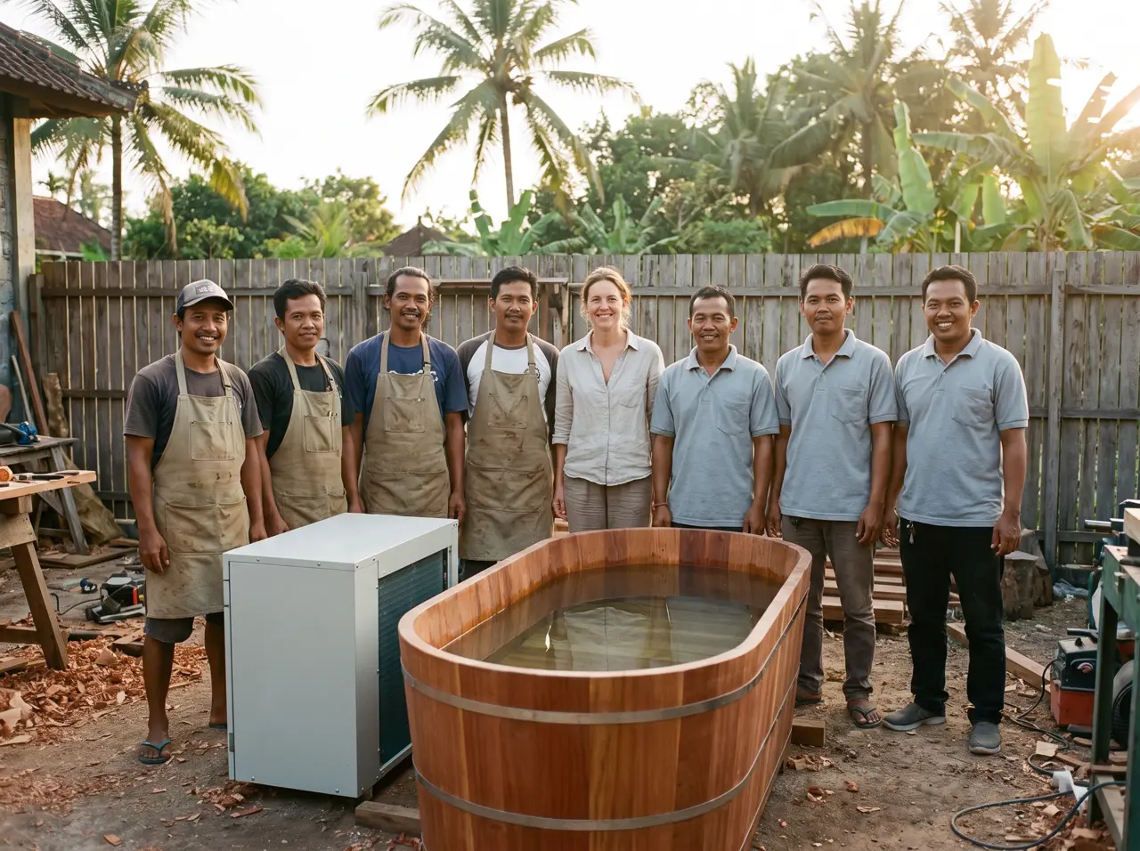 The Custom Recovery Space crew in the workshop yard beside a cedar tub and chiller