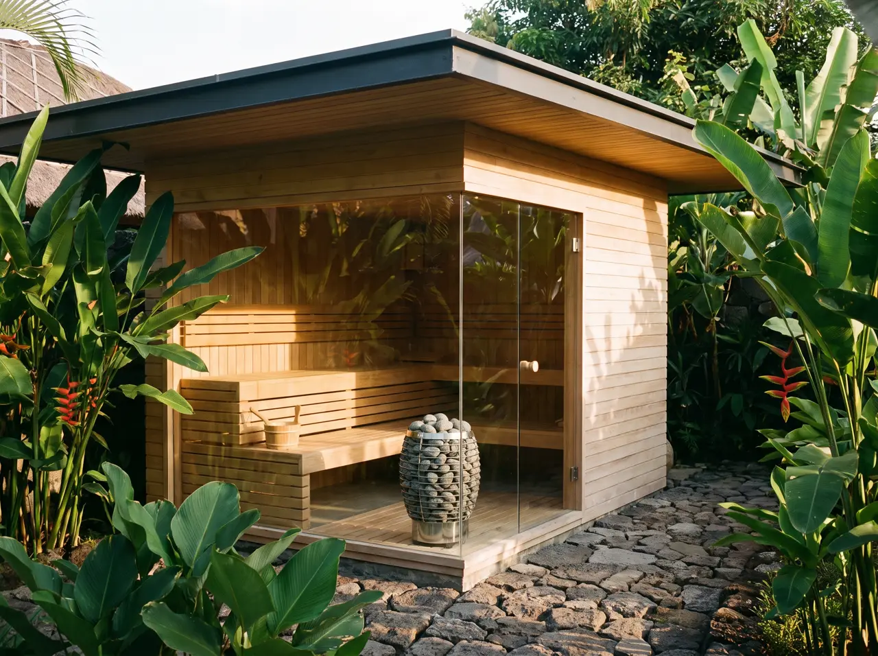 Custom eight-person sauna with two full-height glass walls meeting at the corner in a Bali garden