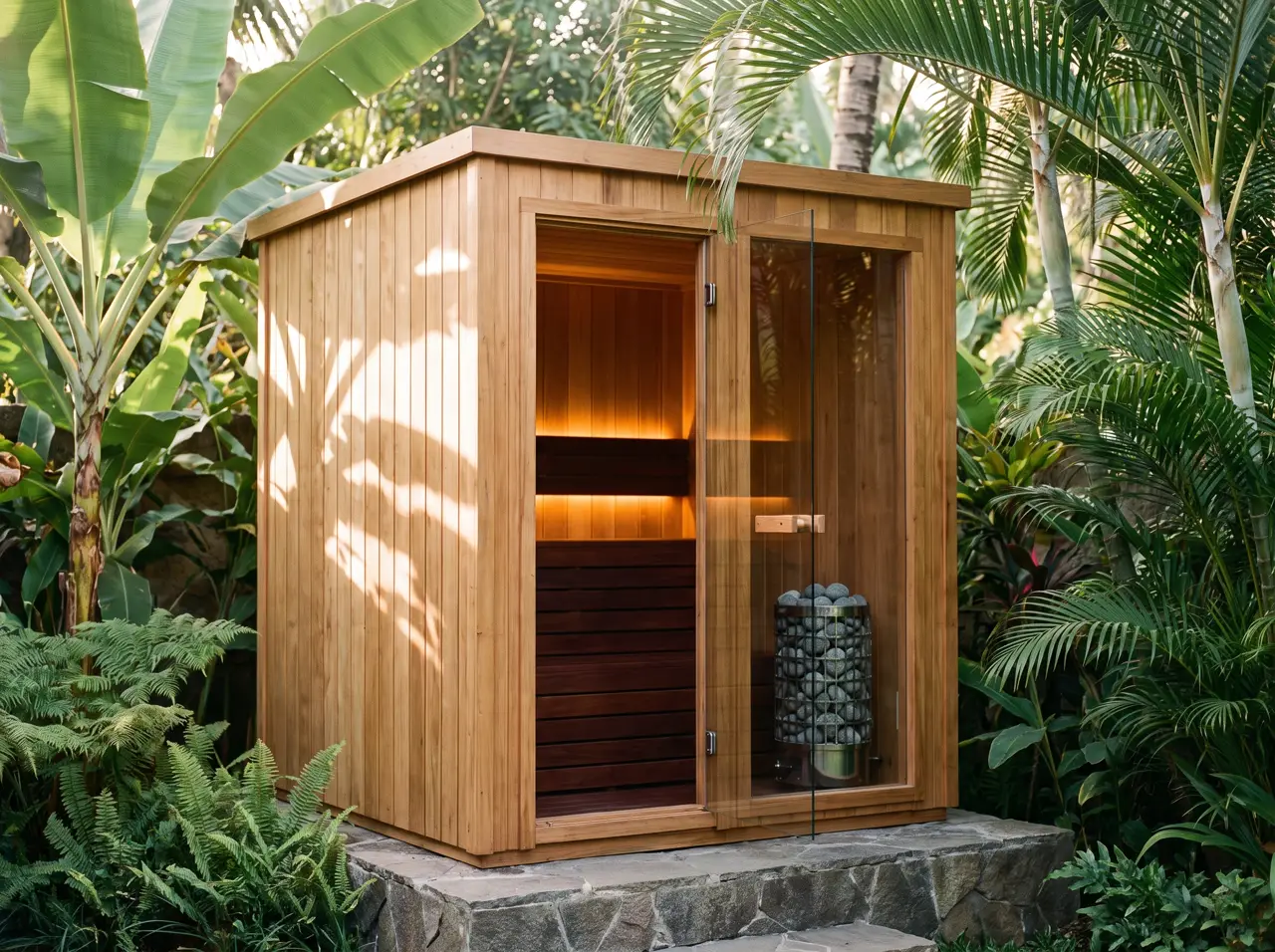 Red cedar sauna cabin with glass door on a stone plinth in a Bali garden