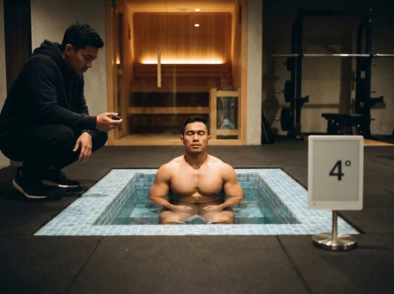 Premium gym recovery room: athlete in a sunken mosaic cold plunge pool, glass-wall sauna behind