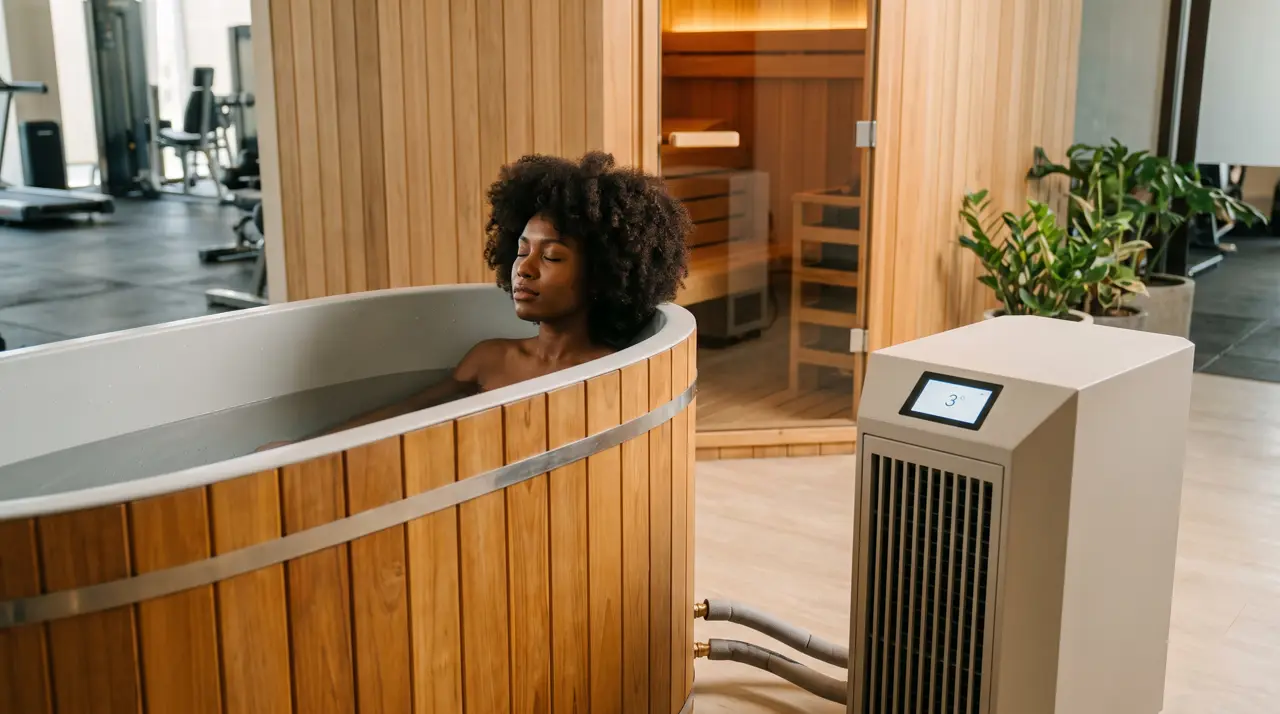 Premium gym recovery room with teak ice bath and sauna behind glass