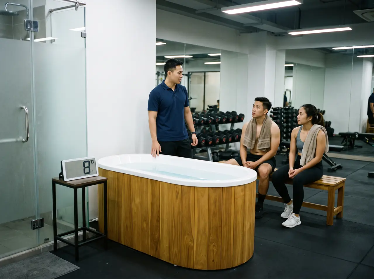 Jakarta strength gym recovery corner: trainer briefing members beside the smooth teak ice bath with white liner