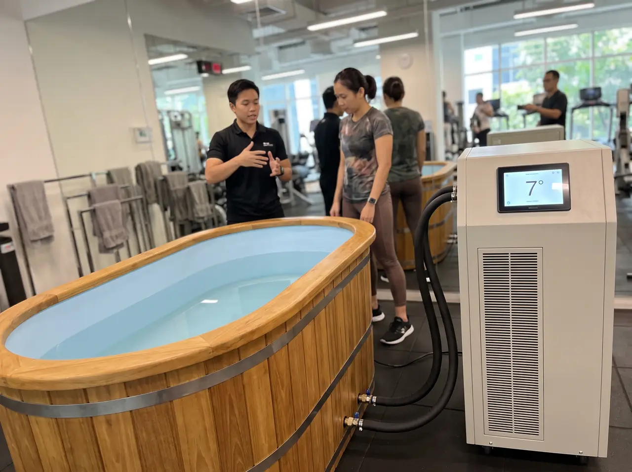 Jakarta strength gym recovery corner with teak tub, trainer briefing a member