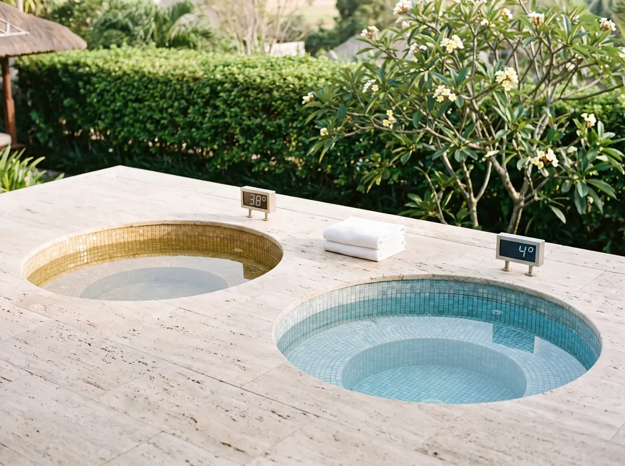 Hot and cold round plunge pools side by side: sand-gold mosaic at 38 degrees, ice-blue at 4