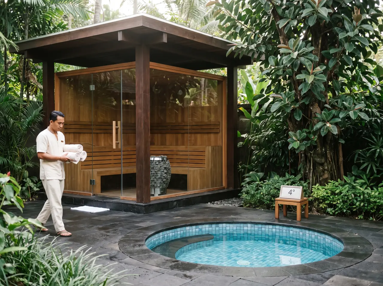 Ubud boutique hotel spa courtyard: glass-corner sauna and round ice-blue mosaic plunge pool in volcanic stone