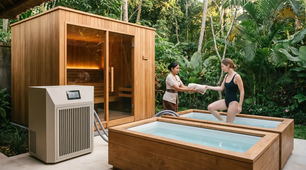 Boutique Ubud hotel spa courtyard with cedar sauna and two teak ice baths