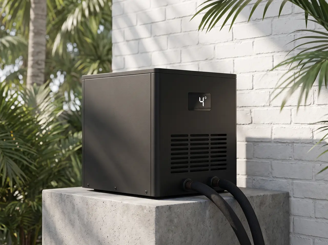 Matte black chiller of our own production with a simple display reading 4 degrees