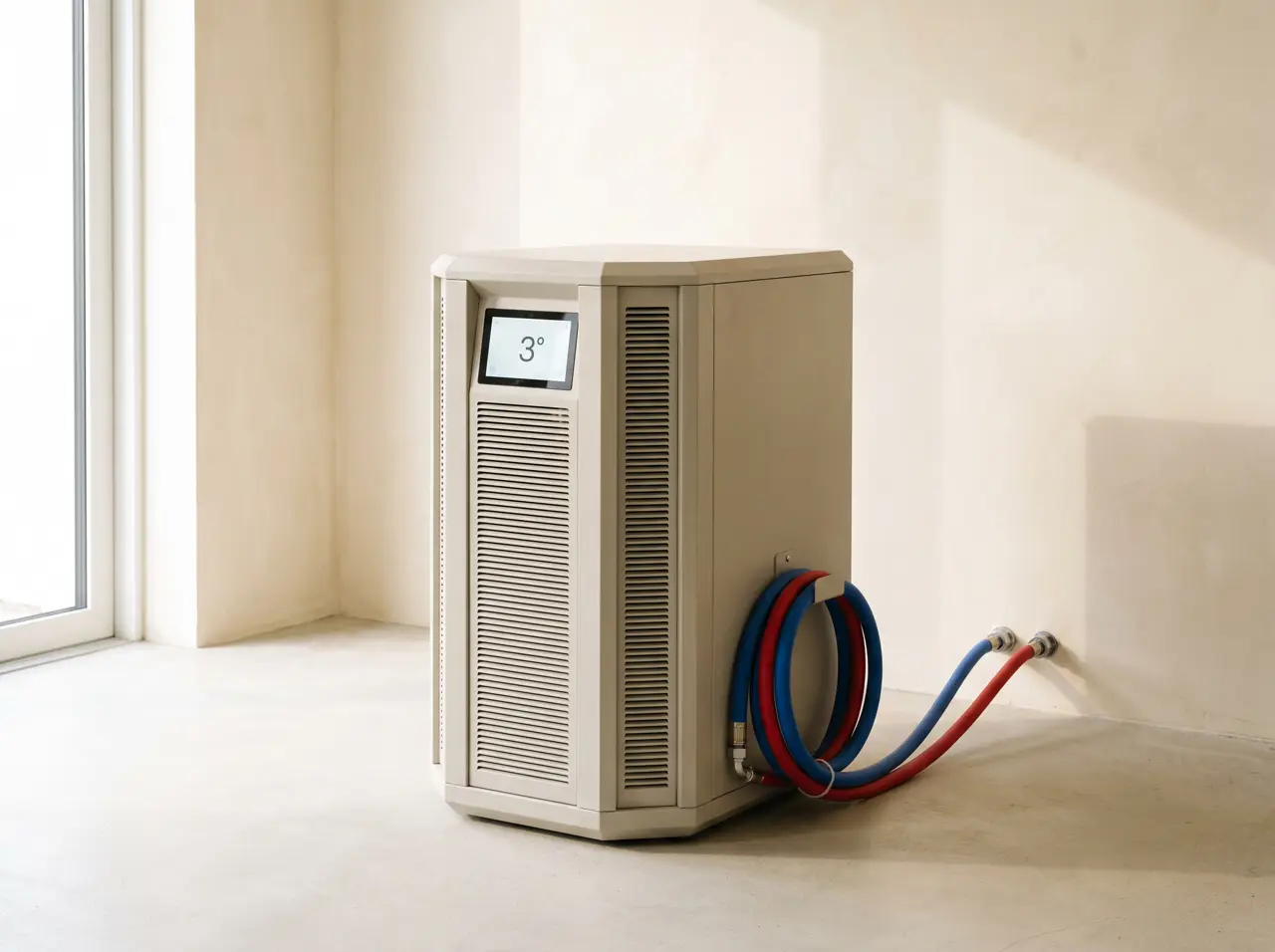 Angular warm-grey chiller of our own production with touchscreen showing 3 degrees