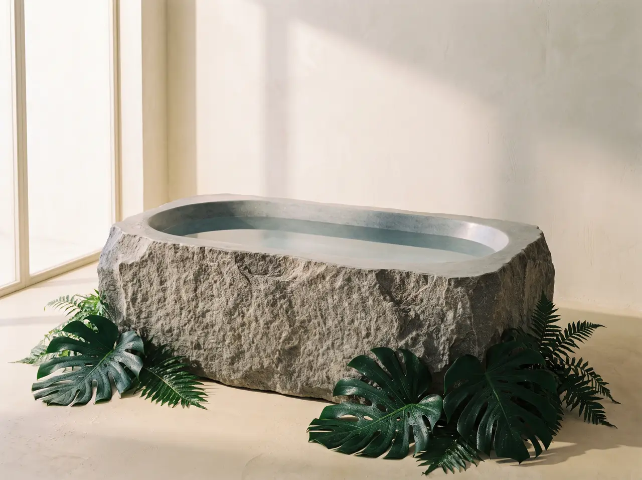 Cold plunge tub carved from single grey river stone block