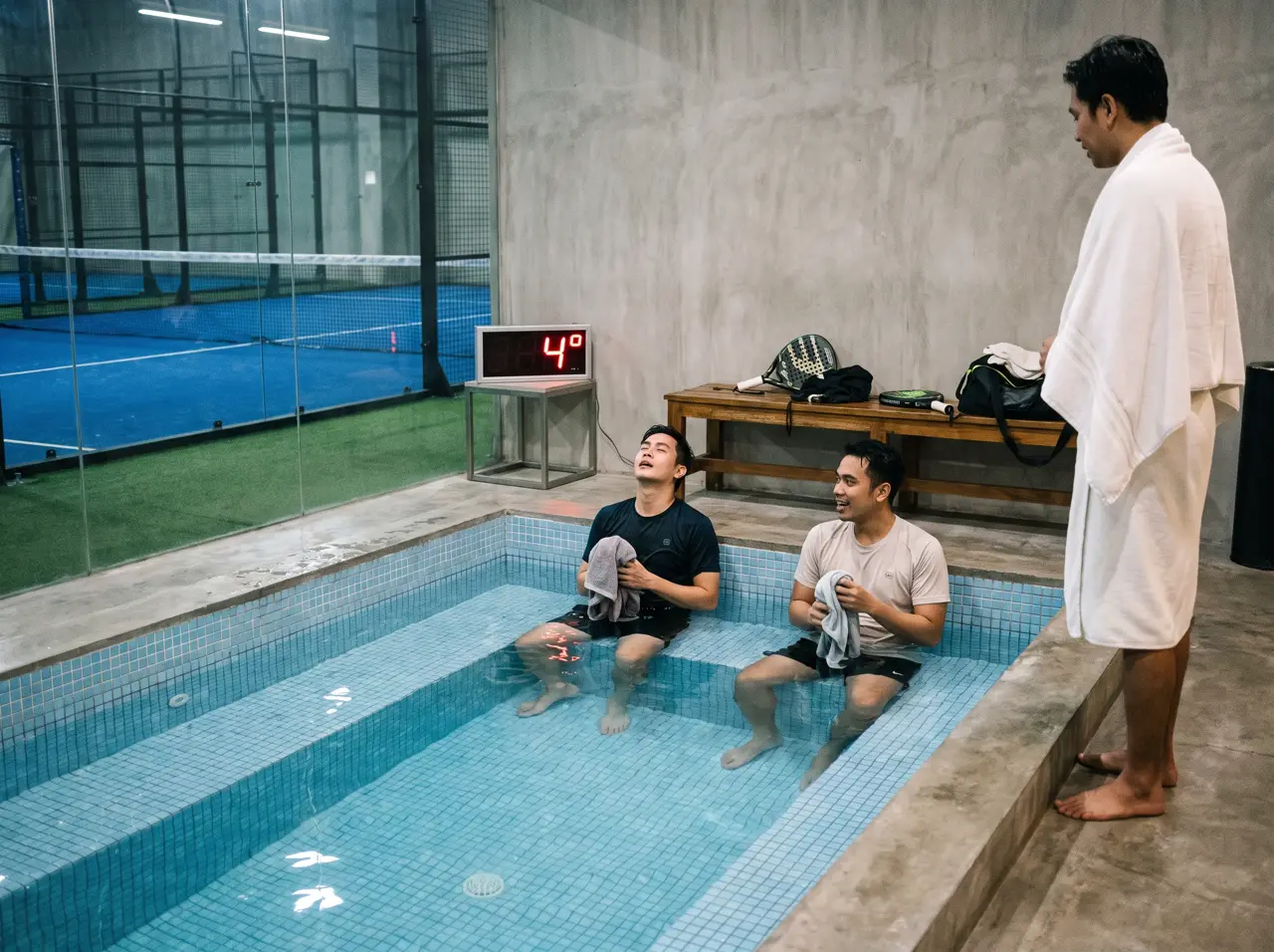 Jakarta padel club recovery corner: sunken rectangular cold plunge pool beside the glass court