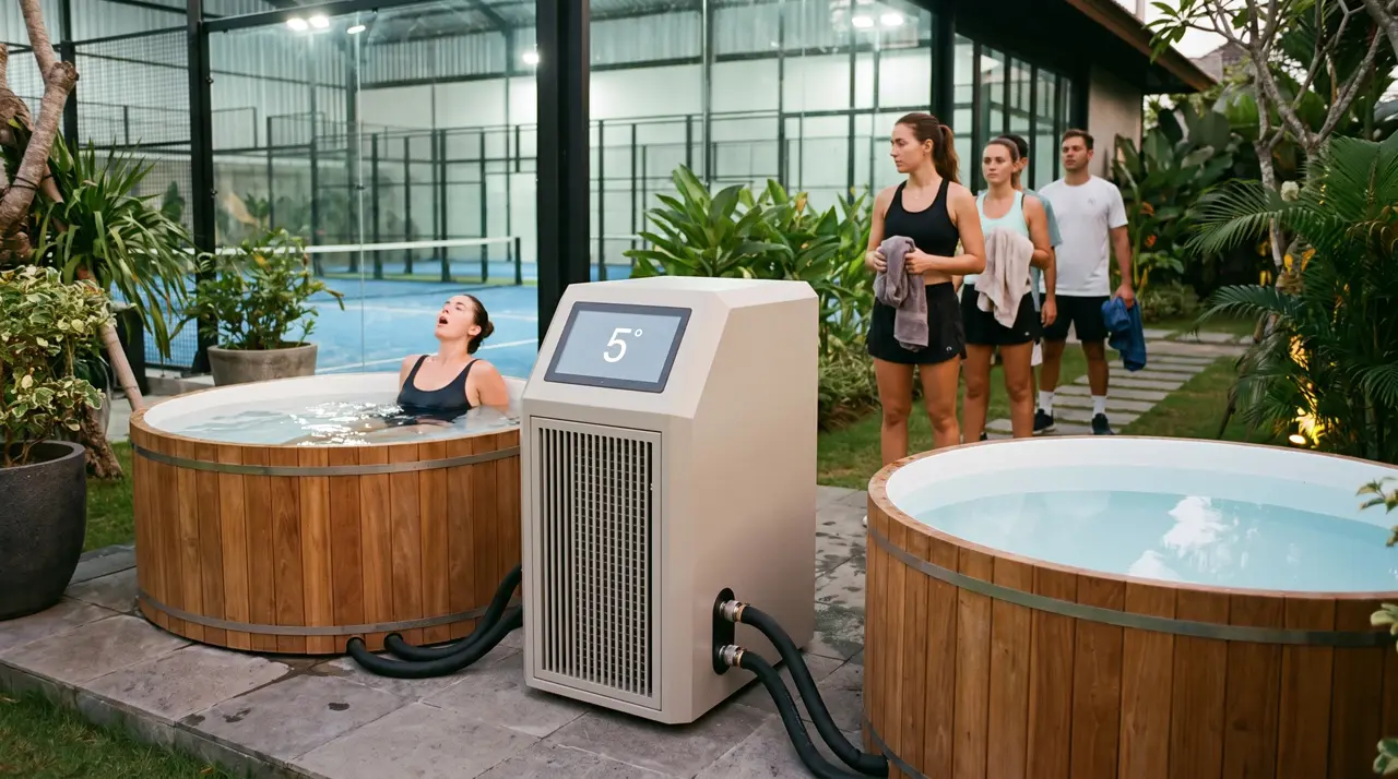 Canggu padel club recovery zone in use, players queueing by teak tubs