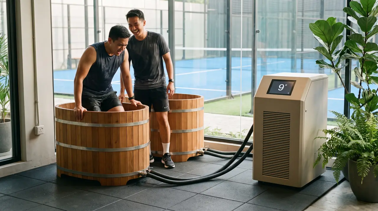 Jakarta padel club recovery corner with two cedar barrel tubs and chiller