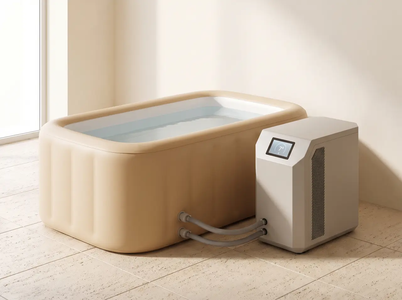 Sand-coloured inflatable ice bath on hotel pool deck with chiller