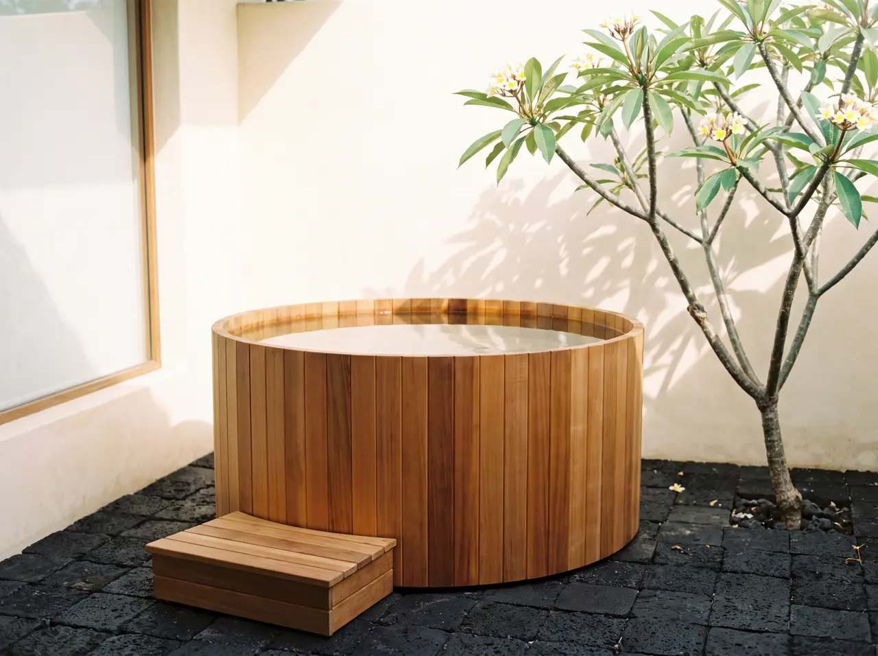 Red cedar barrel ice bath on volcanic paving beside frangipani tree