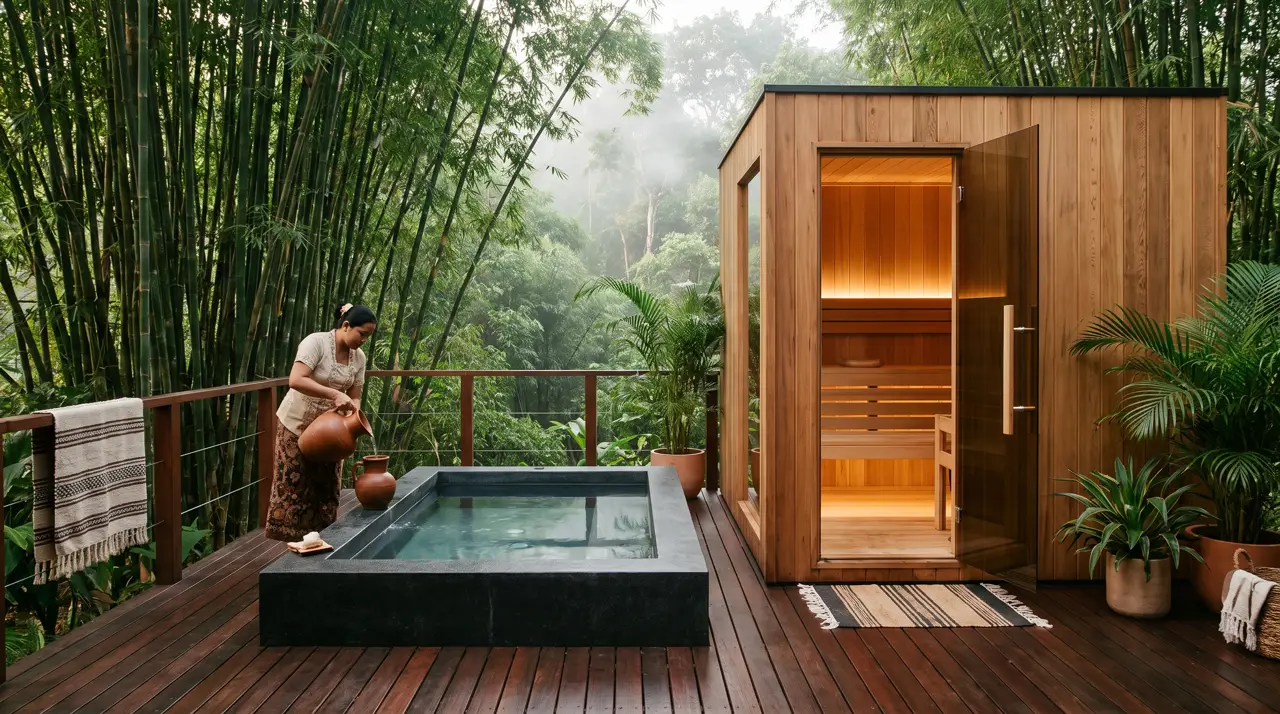 Ubud resort spa deck with cedar sauna and stone plunge tub in jungle light