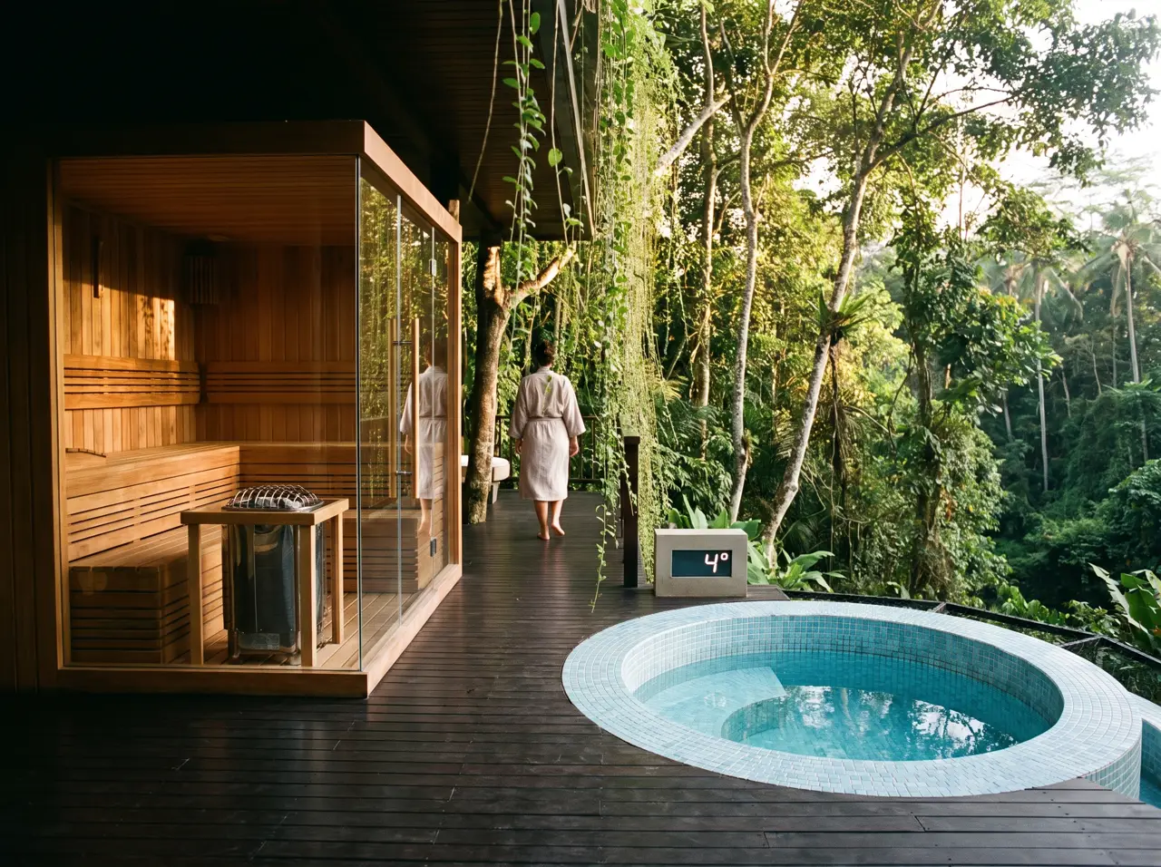 Ubud resort spa deck over the ravine: glass-corner sauna and a round plunge pool in the jungle