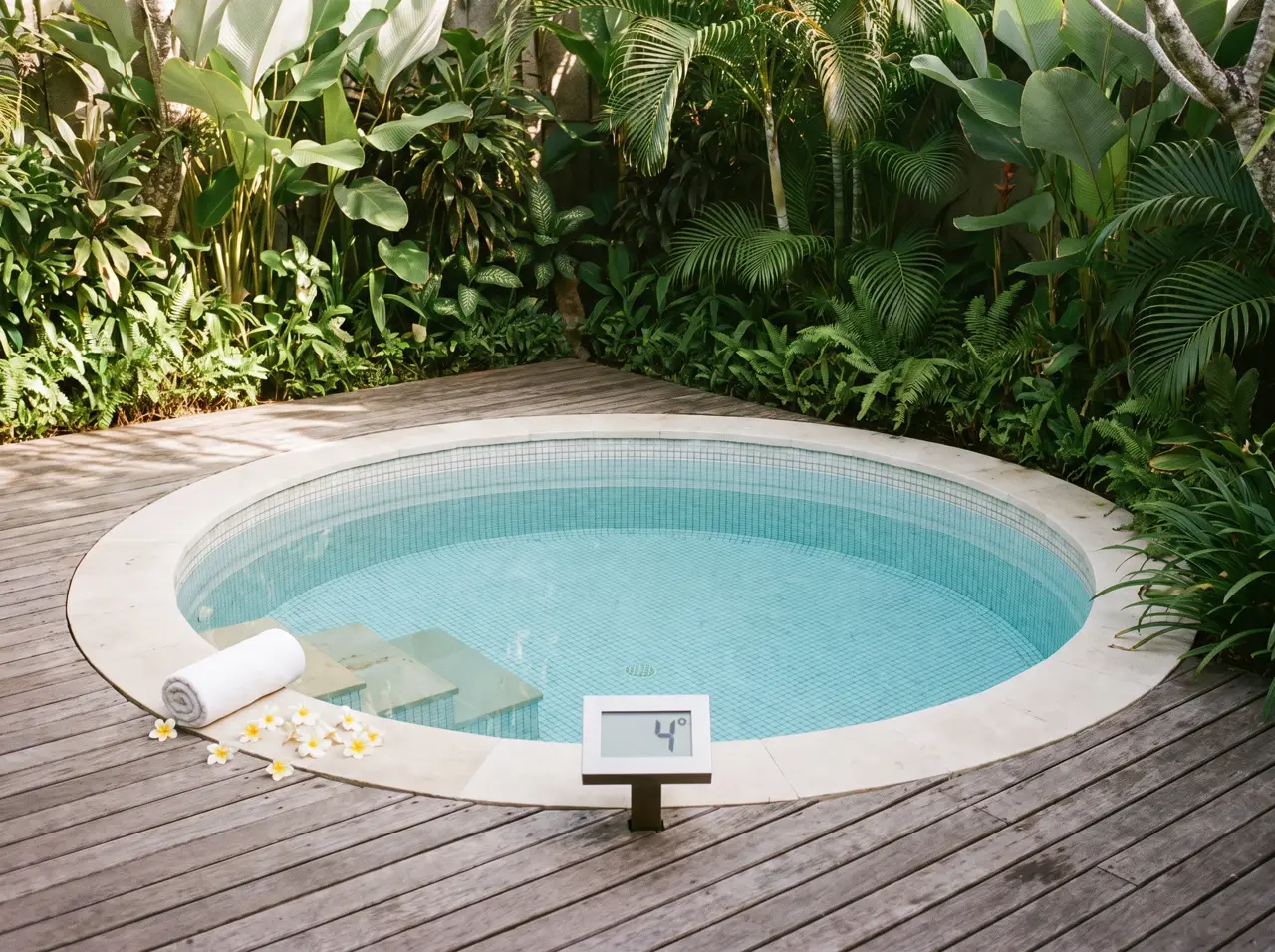 Round cold plunge pool flush with the deck: ice-blue mosaic, underwater steps and a 4-degree display
