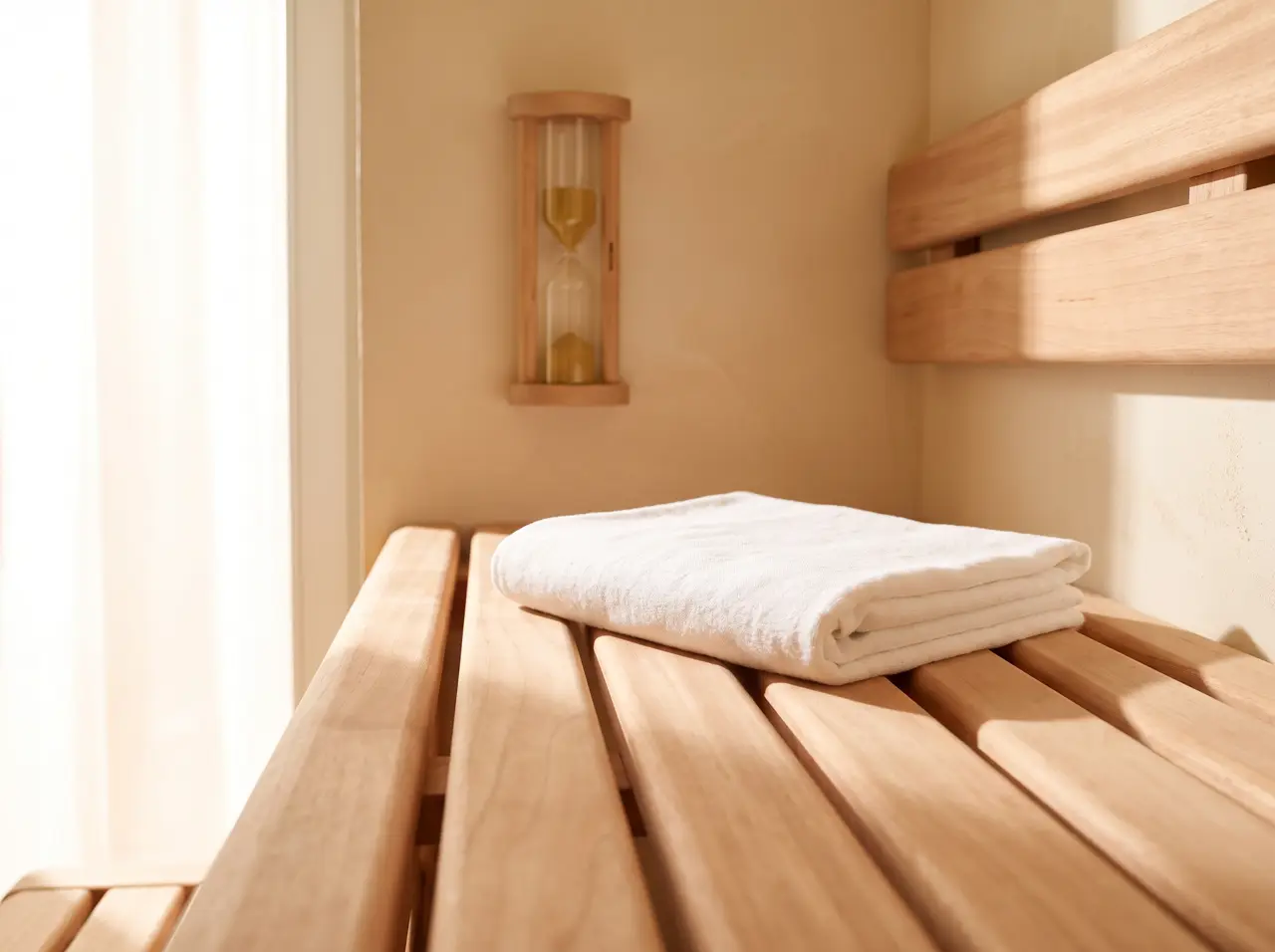 Smooth mahogany sauna bench slats with folded linen towel