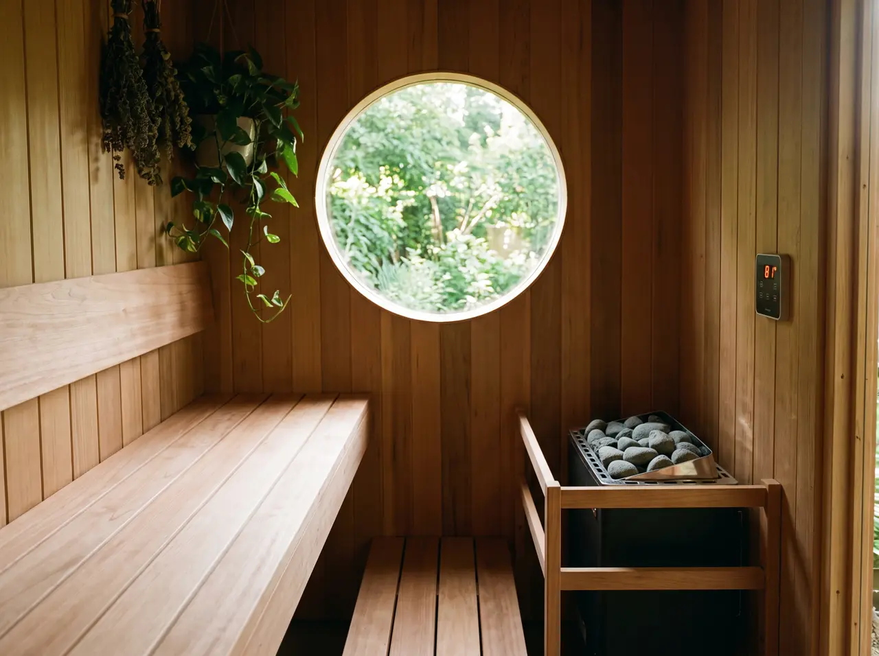 Compact two-person cedar sauna interior with round garden window