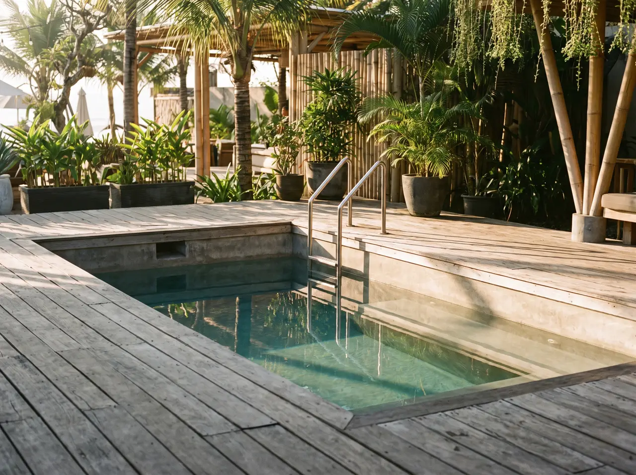 Sunken plunge pool with stainless ladder and rail in a beach club deck