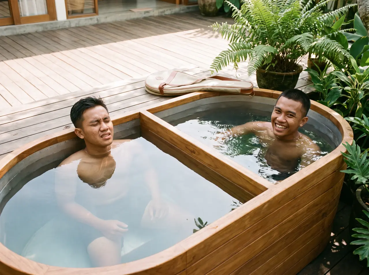 Wide two-seat teak ice bath with two men cooling down