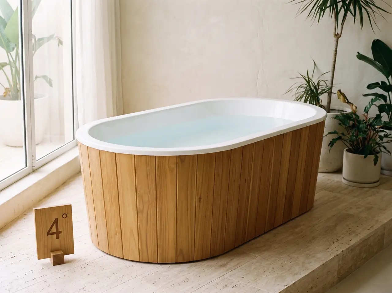 Oval teak ice bath with a smooth white fiberglass liner and no metal bands on a travertine terrace