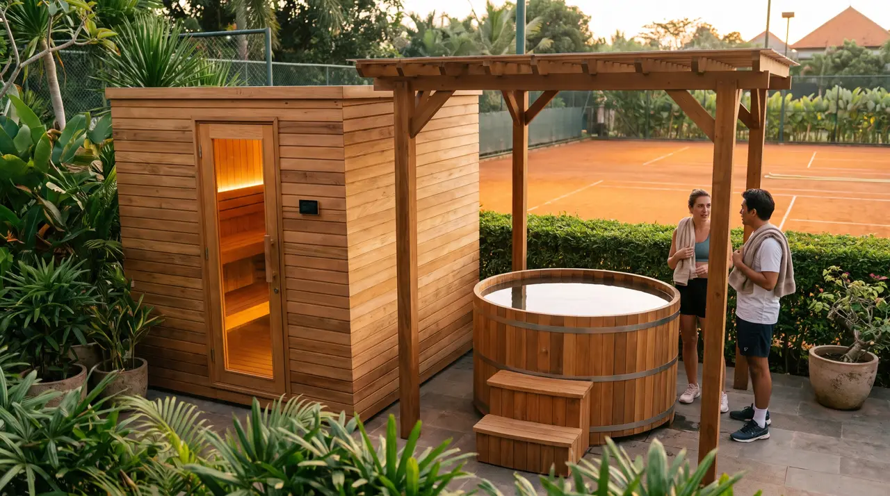 Bali tennis clubhouse terrace with sauna and cedar tub under pergola