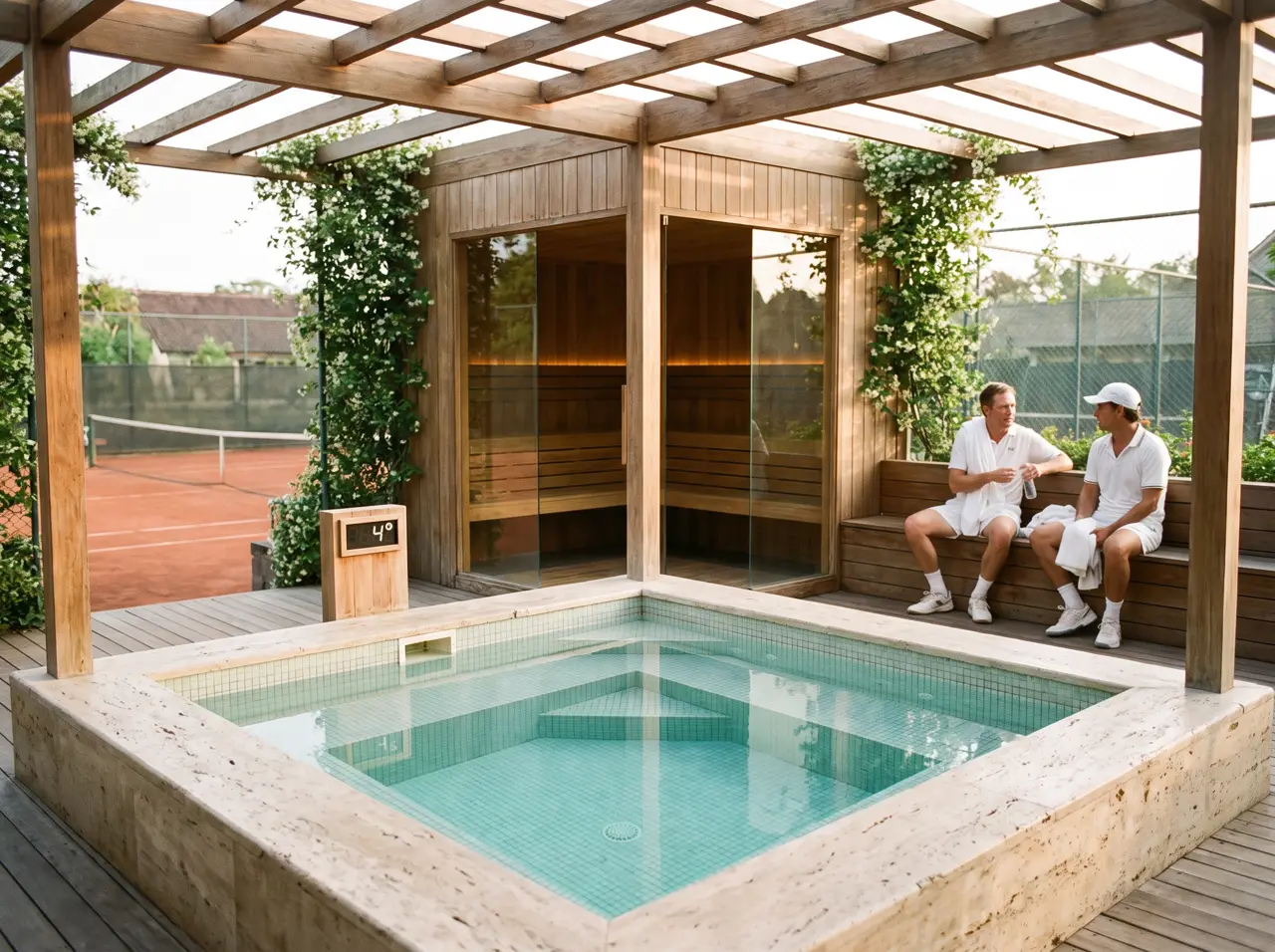 Bali tennis clubhouse terrace: square plunge pool with travertine rim and a glass sauna under the pergola