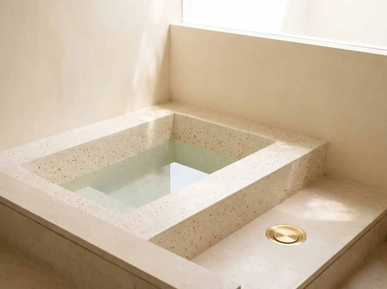 Warm white terrazzo plunge tub built into a stone bench