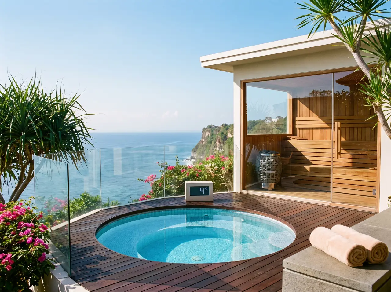 Uluwatu villa deck with a round mosaic plunge pool at the glass balustrade and a panoramic-glass sauna