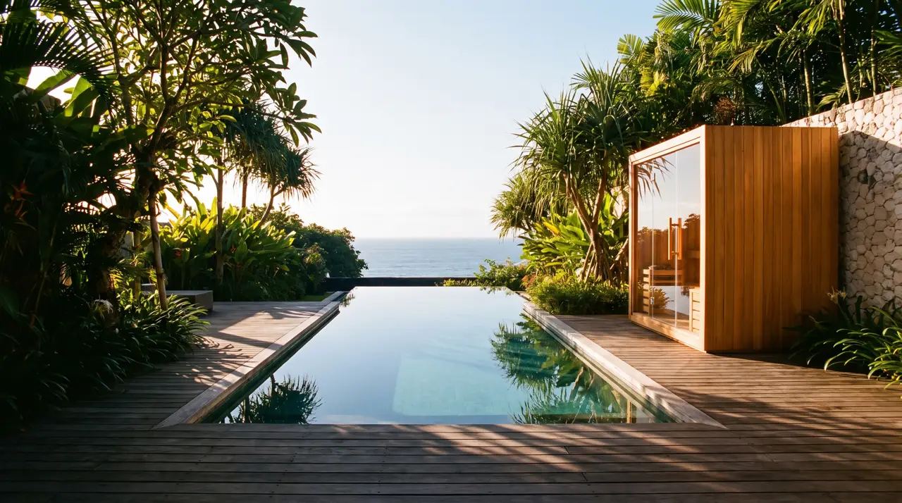 Uluwatu villa garden with sunken plunge pool and cedar sauna by the wall