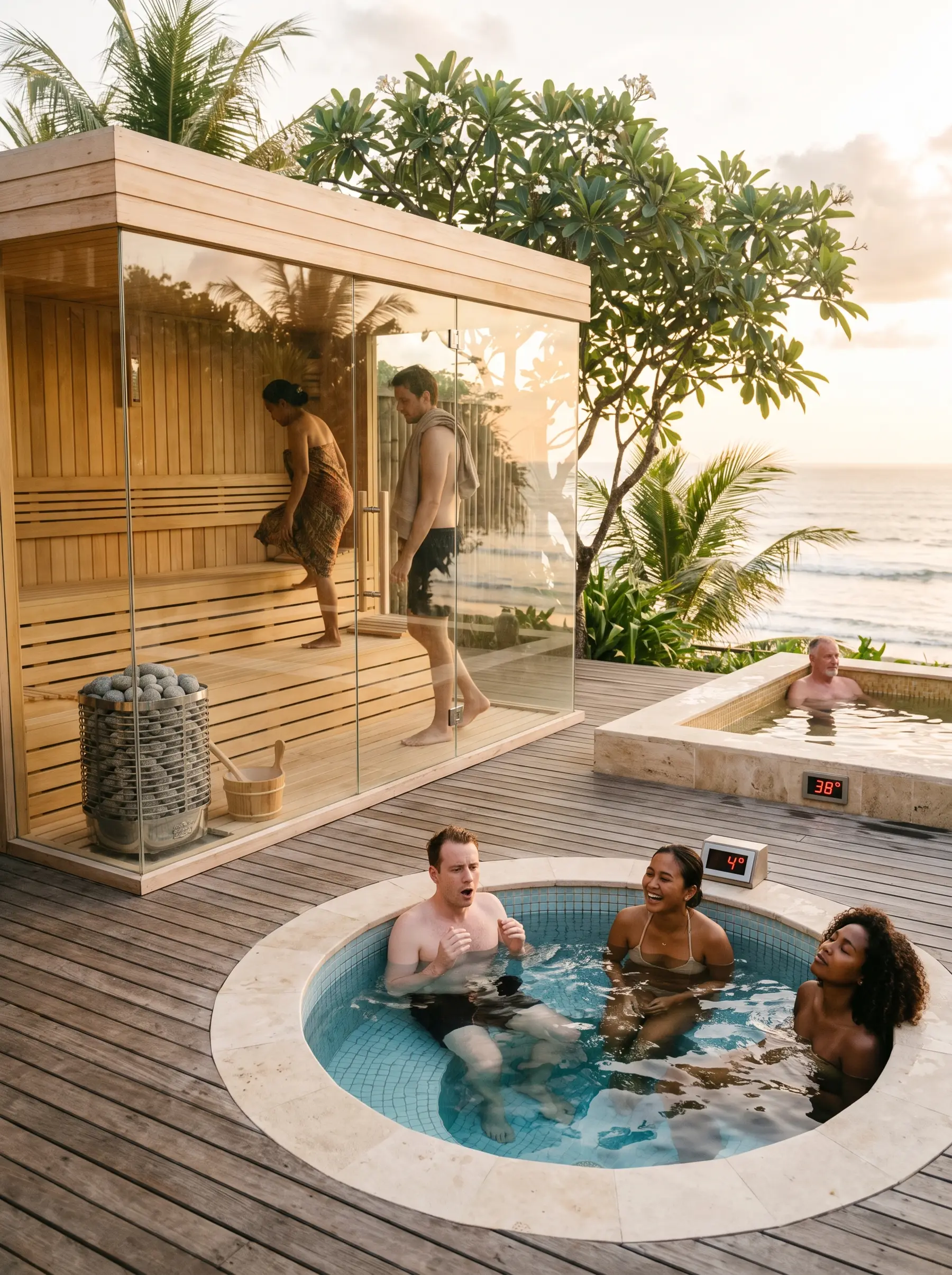 Bali resort wellness zone at golden hour: glass-corner sauna, round cold plunge pool and warm mosaic pool