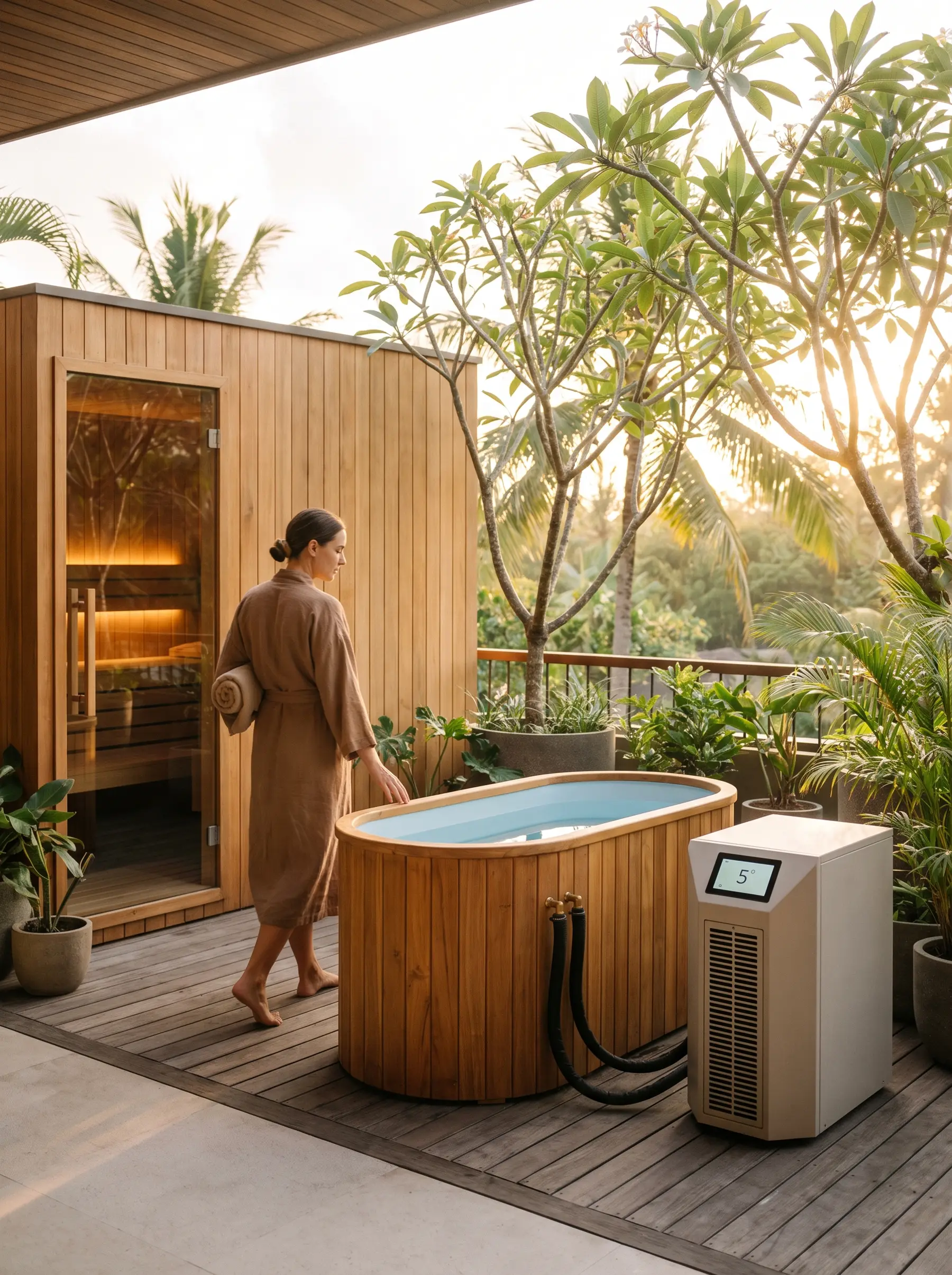 Bali resort wellness zone at sunset: red cedar sauna cabin and teak ice bath with chiller
